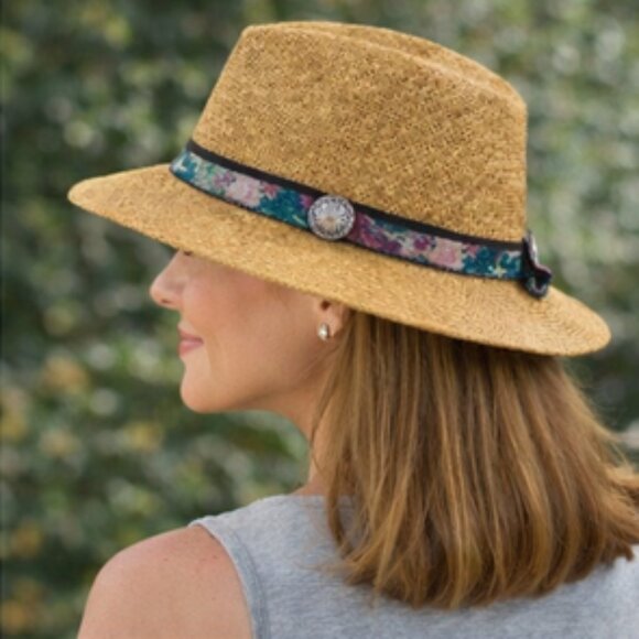 Fiesta Santa Barbara Straw Fedora Hat — Made in USA, Floral Band & Concho main image 6
